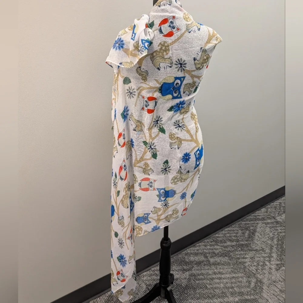 Floral Owl Print Scarf White Blue and Red 69